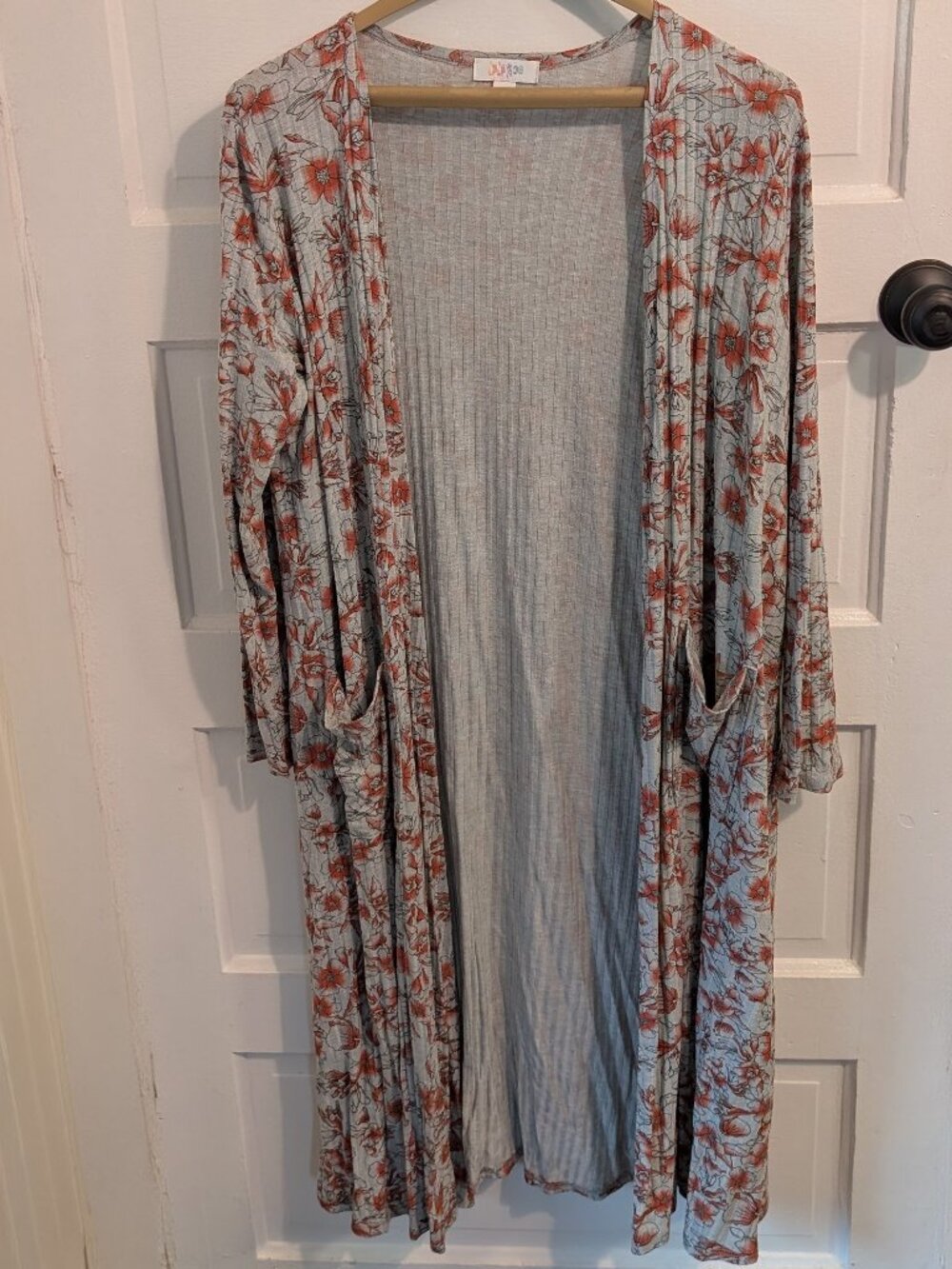 LuLaRoe Women's Sarah Duster Cardigan size S floral coral & light grey